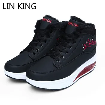 

LIN KING New Lace Up Women Winter Casual Shoes Warm Plush Slim Anti Skid Wedge Swing Shoes Platform Height Increase Short Boot