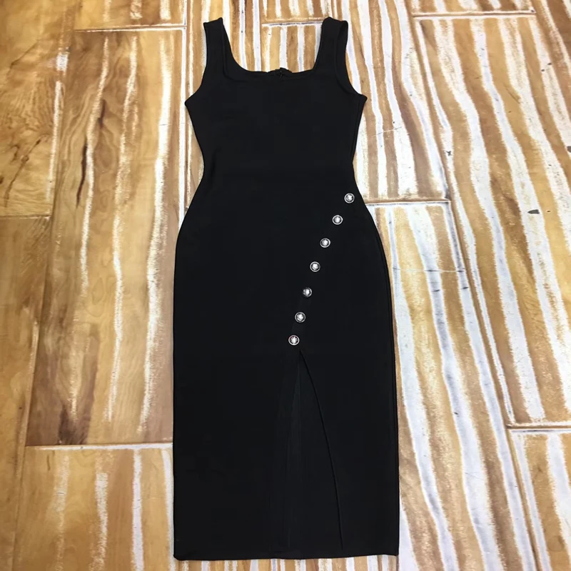 Черный Бандажное платье Новости Мода рукавов Bodycon Клубная одежда Вечерние платья стрейч пикантные миди летнее женское