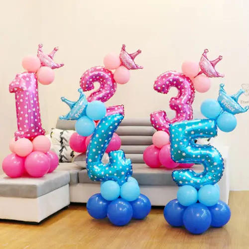 С днем рождения воздушные шары комплект розовый и голубой номер воздушные шары из фольги День Рождения украшения дети мальчик девочка вечерние шары номер
