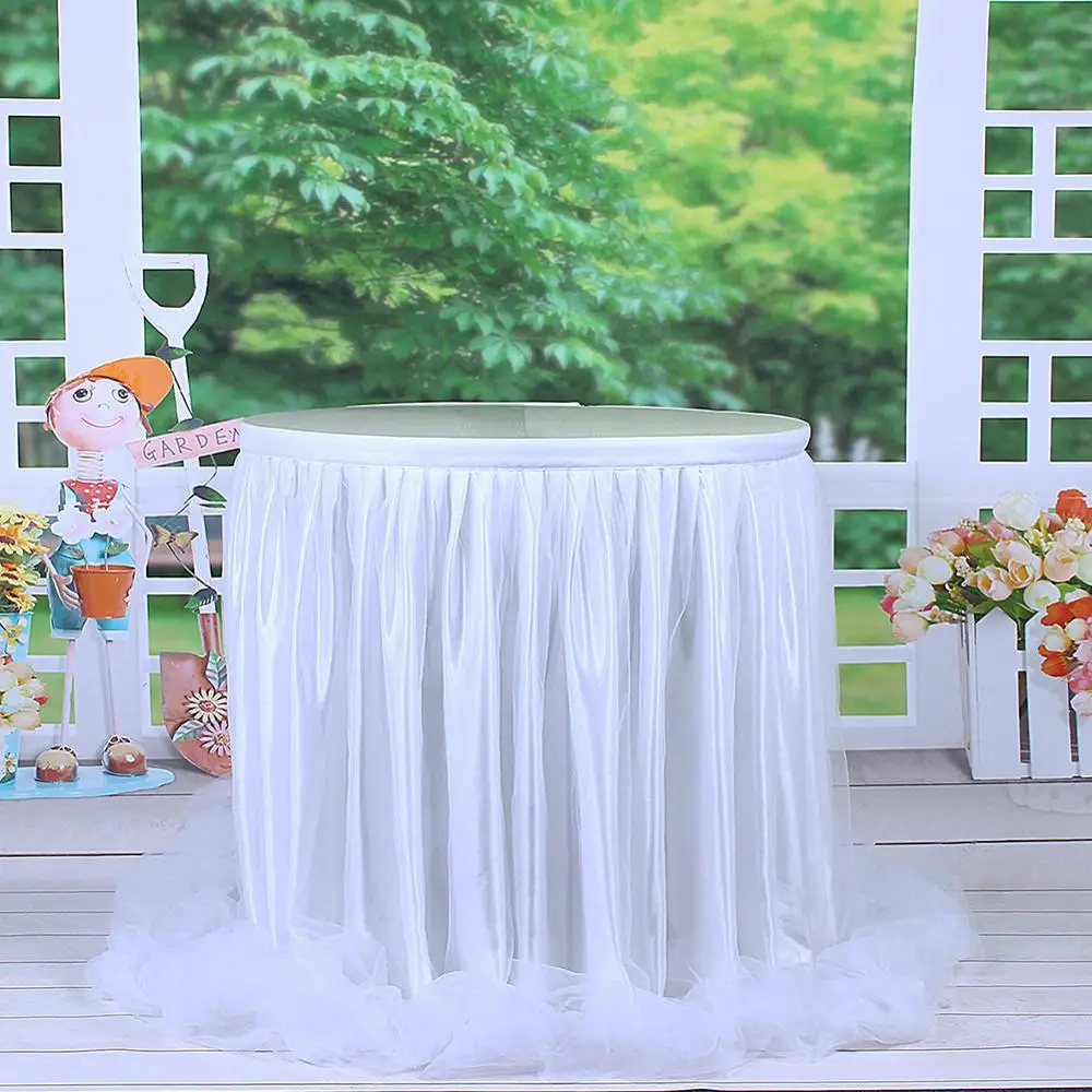 6ft/9ft/14ft Thread Ribbon Tulle Table Skirt For Party Wedding Decoration White Pink Blue 3 Colors To Choose