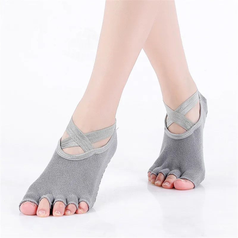 1 Pair Women Anti Slip Sports Yoga Socks with Grips Five Finger Toeless X Bandage Slippers Sock for Gym Fitness Pilates Ballet