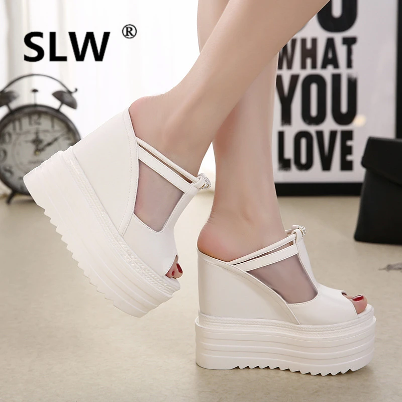 

Shoes Slippers Platform 2019 New Women Slides Jelly Flip Flops Peep Toe On A Wedge Heeled Mules Increased Internal Crystal Flat