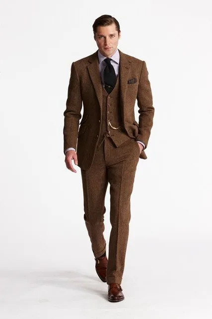 2018 последние конструкции пальто брюки коричневый твид мужской костюм Slim Fit 3 предмета смокинг на заказ Стиль пиджак для жениха Пром