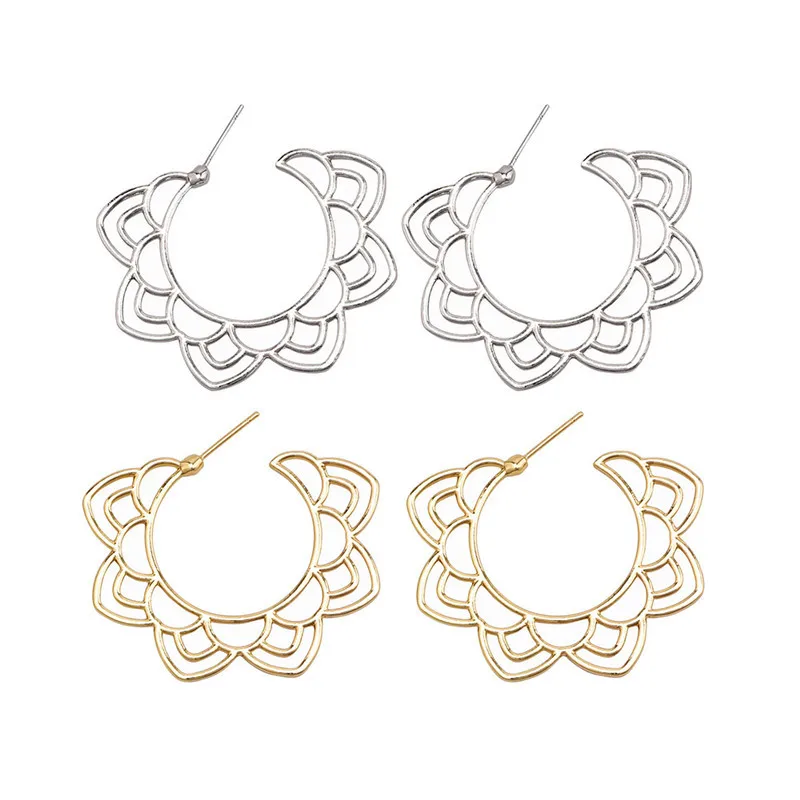 

New Vintage Gold Silver Clor Flower Lotus Hoop Earrings For Women Girls Fashion Big Circle Alloy Earrings Brincos Jewelry Gift