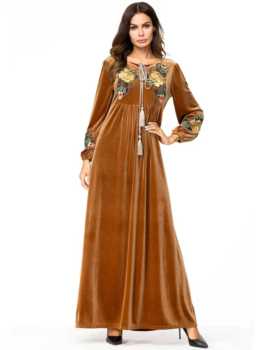 Бархатная Абая для женщин мусульманское платье кафтан в турецком, арабском стиле Дубай исламского размера плюс одежда длинные платья Цветочная вышивка халат