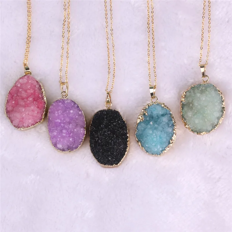 

seven chakra Women's Colorful Natural Stone Made Quartz Druzy Pendant Necklace Fashion Natural Stone Jewelry