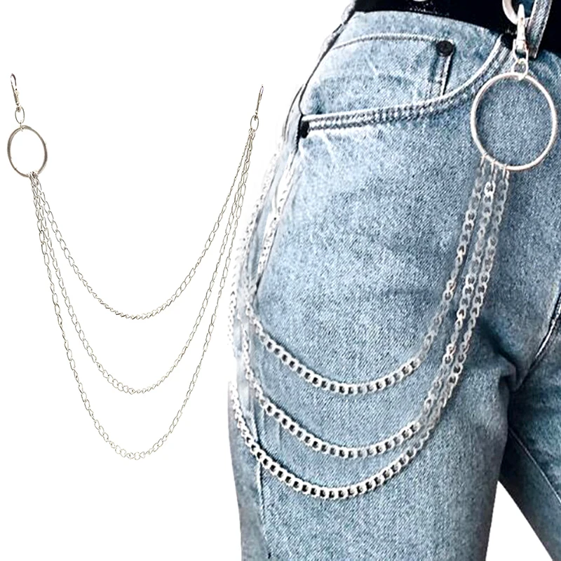 

Fashion Punk Hip-hop Trendy Belt Waist Chain Multilayer Male Pants Chain Jeans Punk Silver Metal Big Ring Pants Chains YE30