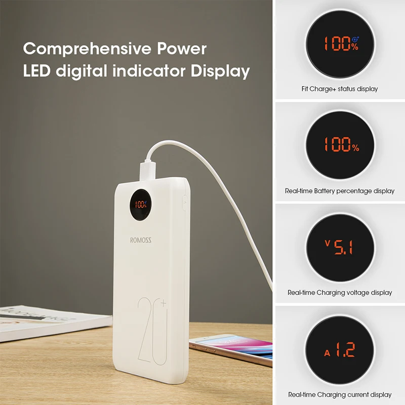 20000mAh ROMOSS SW20 Pro Portable Power Bank Charger External Battery QC3.0 Fast Charging With LED Display For Phones Tablet