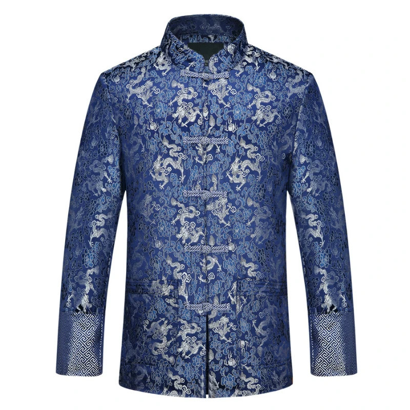 

Chinese Style Loose Retro Tang Suit Jacket Traditional Dragon Embroidery Jackets Oriental Button Mandarin Collar Wedding Suit