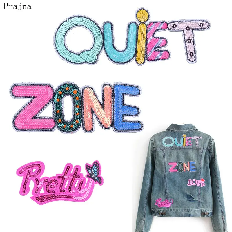 

Prajna Rainbow Sequin Patch Quiet Zone Angel Iron On Patches Rose Blingbling Clothing Stickers For Jeans Dress Appliques Letters