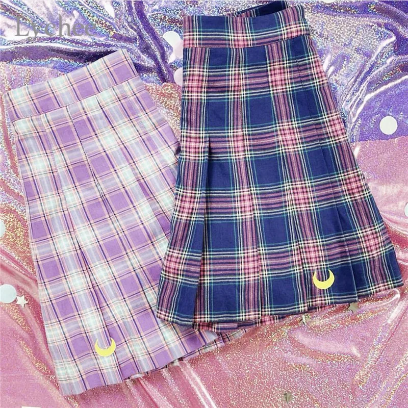Lychee в стиле Лолиты стильная женская юбка клетчатая Луна вышивка плиссированная юбка высокая талия мини юбка весна осень юбка в школьном стиле