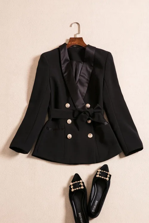 

High quality 2018 new fashion solid color green fruit collar double row metal button long sleeve lace women's Blazer jacket