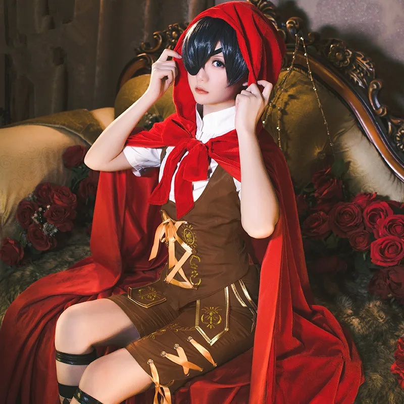 Kuroshitsuji Темный дворецкий, Косплей Аниме Ciel Phantomhive Красная Шапочка костюм плащ для косплея+ одежда+ кольцо+ маска для глаз+ Носок