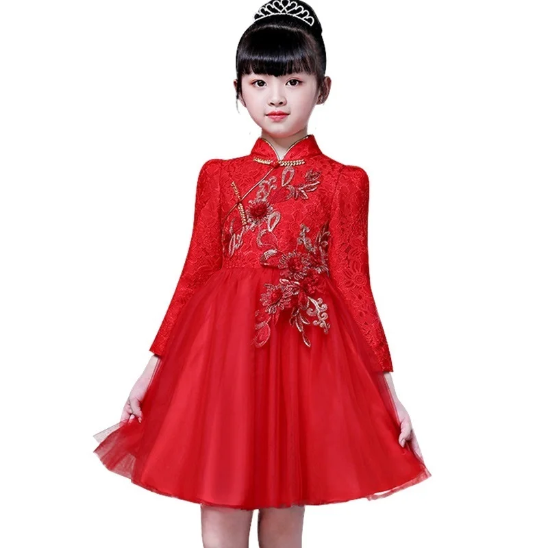 Chinese style red new year cheongsam children's dress girls stand collar applique lace princess dress autumn long sleeve dress Chinese style red new year cheongsam children's dress girls stand collar applique lace princess dress autumn long sleeve dress