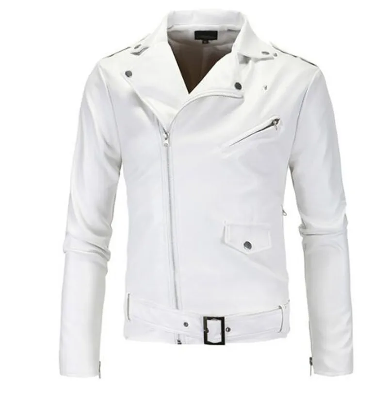 

New Mens PU Leather Motorcycle Jackets White Slim Retro Vintage Moto Jackets Lapels Slash Zipper Punk Leather Jackets Size M-5Xl