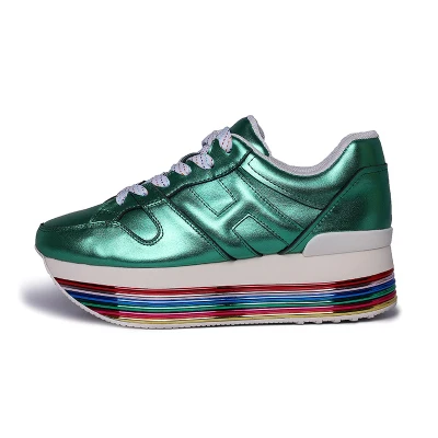 Разноцветные кроссовки на платформе; женская повседневная обувь; женская обувь из натуральной кожи на шнурках; tenis feminino; белые кроссовки на массивном каблуке - Цвет: green rainbow