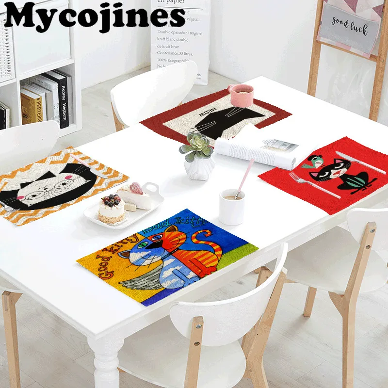 

Art Creative 42x32cm Tablecloth Cute Cat Letter Kitchen Restaurant Dorm Wedding Decoration Linen Print Tea Coffee Table Flag