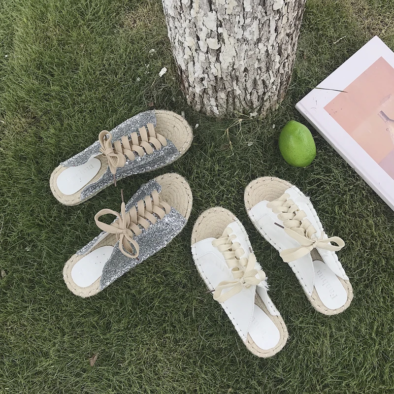 Summer new fashion women's slippers grass bottom retro Mori flat slippers