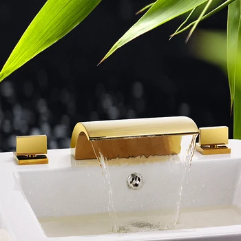 

Free shipping Ti-PVD GOLD Three Holes Single Handle Waterfall Bathtub Faucet