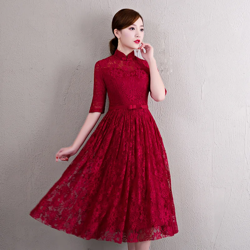 Chinese Dress Qipao Red Wine Party Dresses 2017 New Fashion Long Lace ...