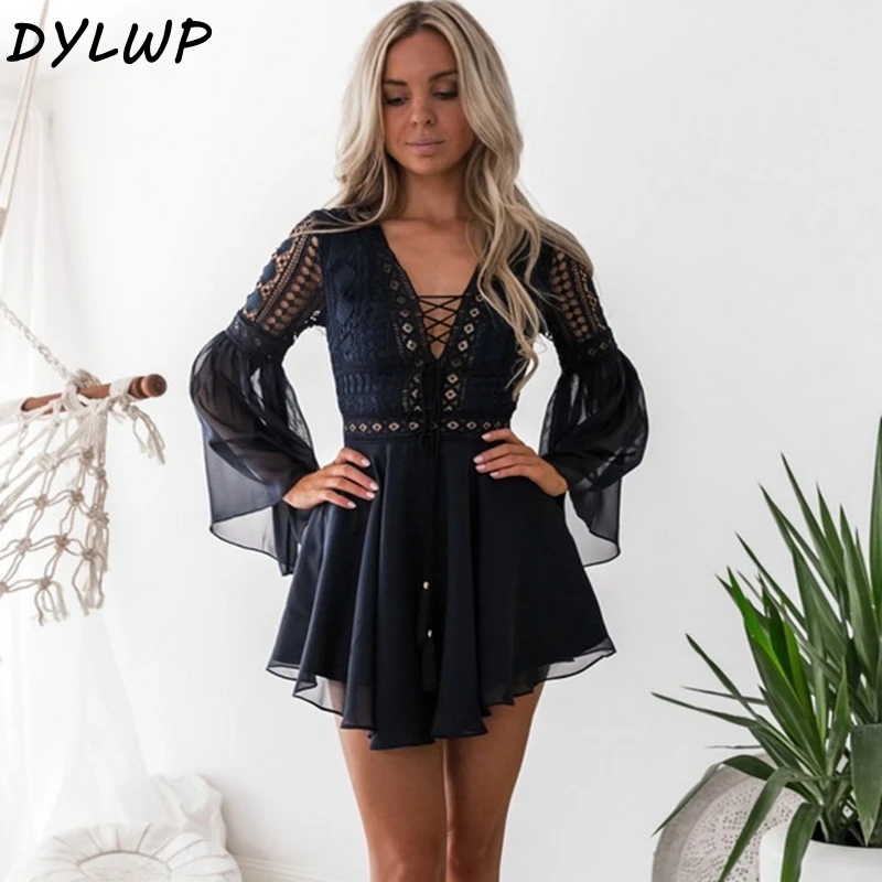 

Women Sexy V-Neck Lace UP Dress Casual Women Solid Bohemian Mini Party Dress 2019 Summer Plus Size Fashion Flare Sleeve Dresses