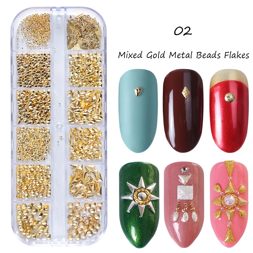 1 Box Gold Silver 3D Nail Art Metal Steel Beads Rivets Frame Seashell Mixed Shape Nail Jewelry DIY Manicure Accessories LA772