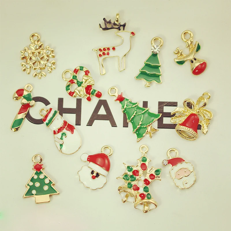

50PCS/lot Assorted Design Christmas pendant Santa Claus Tree Bell Snowman Candy Stick Snowboot House Charm Jewelry Findings