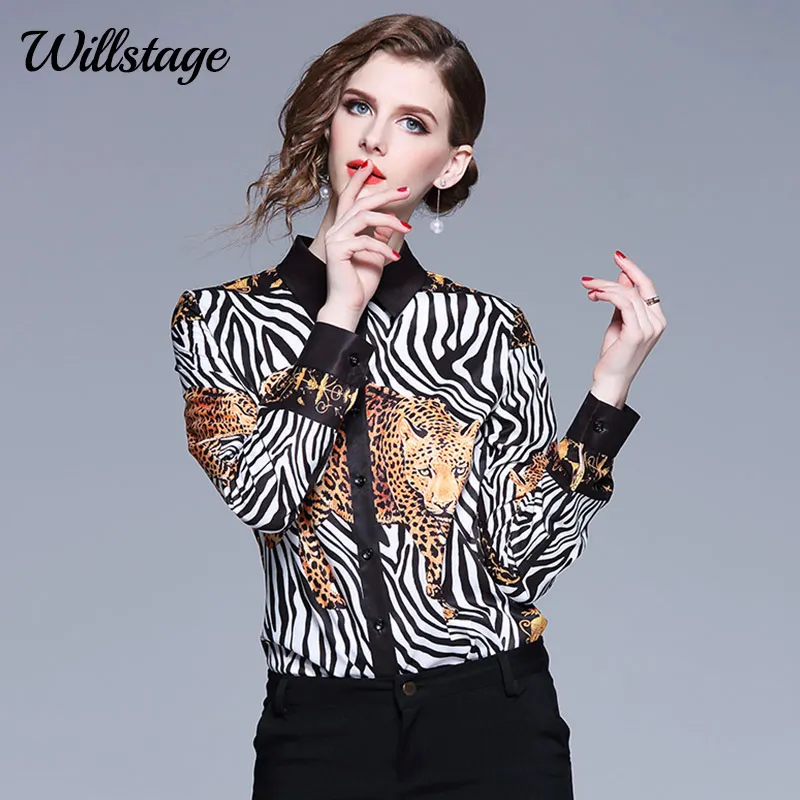 

Willstage 2019 Spring Women Shirts leopard Pattern Blouse zebra Striped Tops Patchwork printed shirts Formal Office ladies Wear
