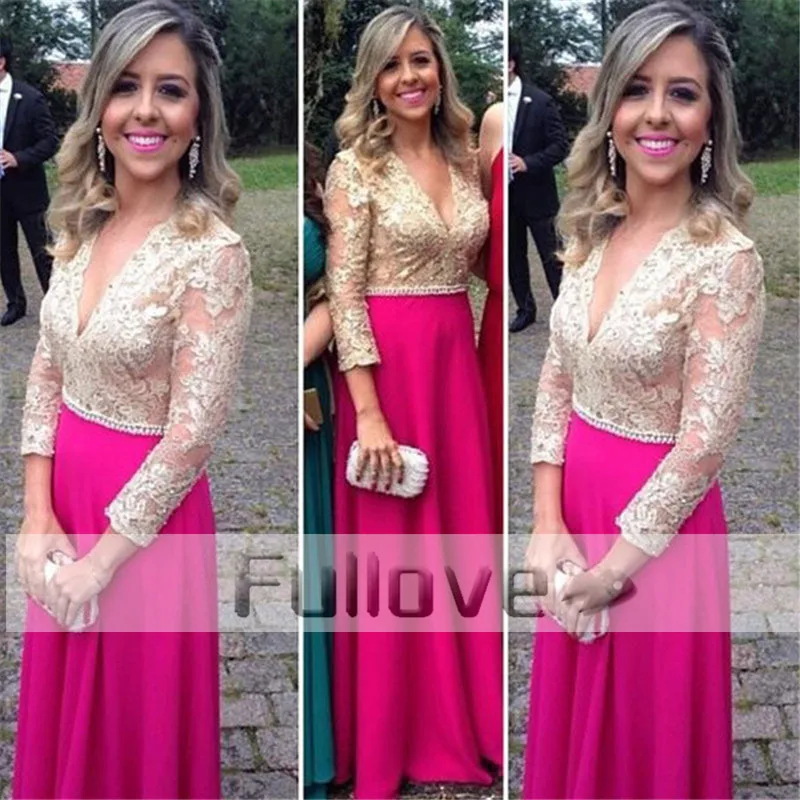 

Gorgeous Pink Lace Chiffon Prom Dresses 2019 Long Sleeve V-Neck Gold Appliques Formal Prom Dress Party Gown Vestidos De Fiesta
