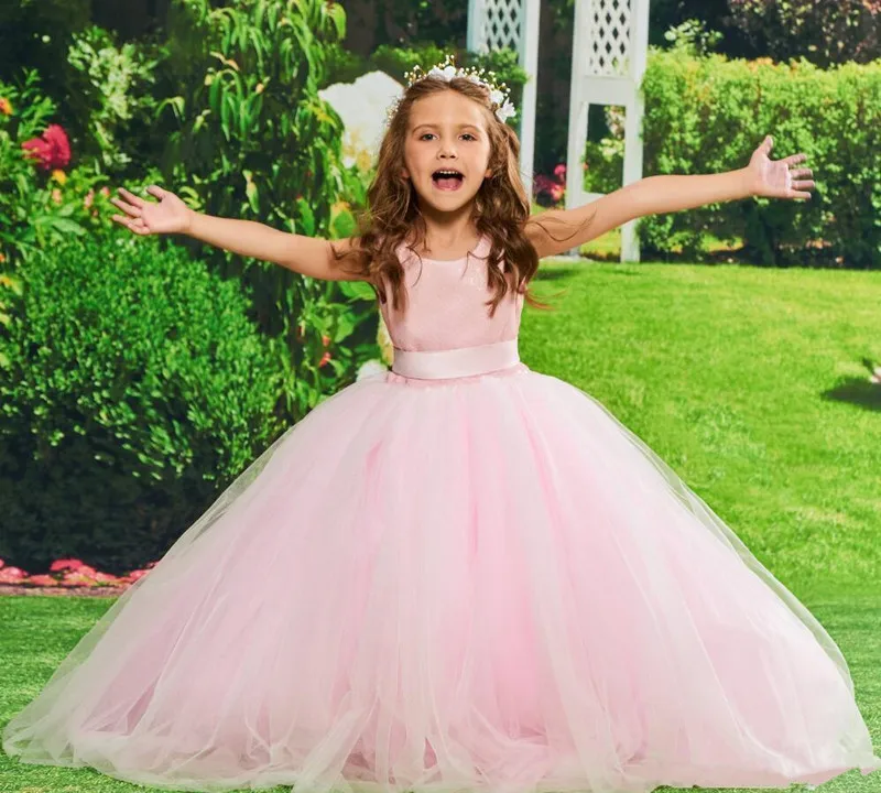 

New Cheap Pink Tulle Flower Girl Dress with Ribbon Keyhole Back Simple Design Custom Made Girls Pageant Gowns Kids Prom Dress