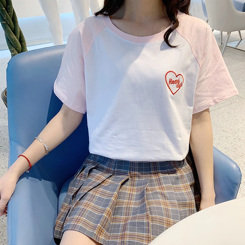 

Summer Short Sleeve Stitching Women T Shirt Cute Embroidery Student Tops Casual Loose Fresh Feeling T-shirts Female