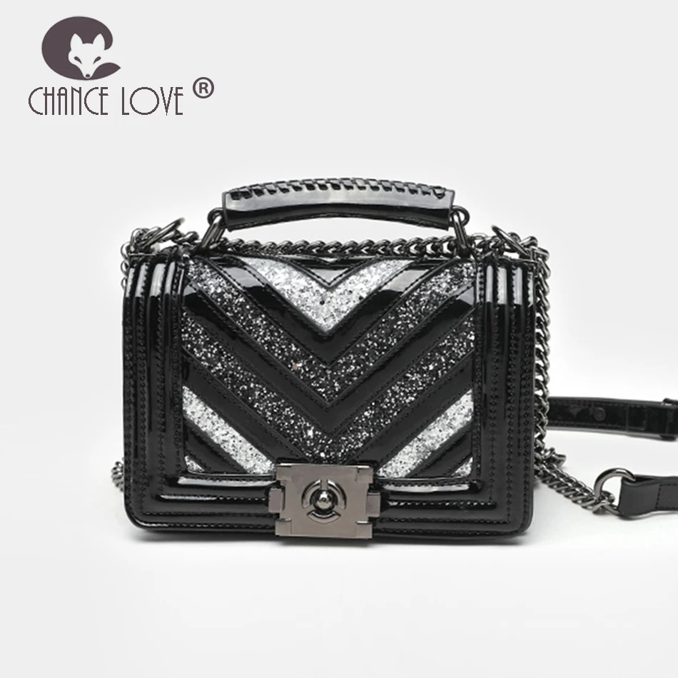 

Chance Love 2018 new Genuine leather chain women handbags casual V type bright color flash powder wild women Messenger Bags