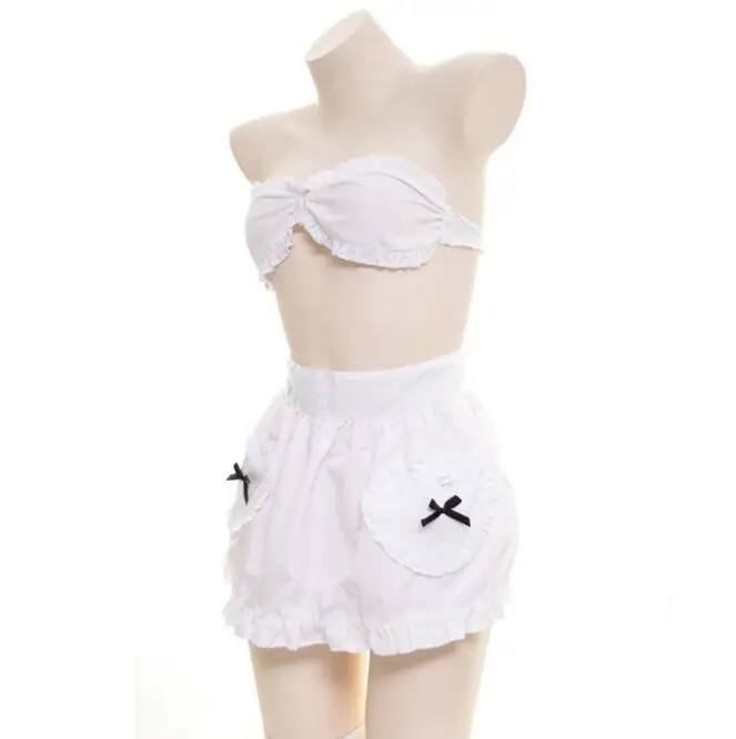 Сексуальный милый женский комплект одежды для сна в стиле горничной: бюстгальтер и юбка-фартук, экзотический комплект одежды для косплея каваи, белый цвет