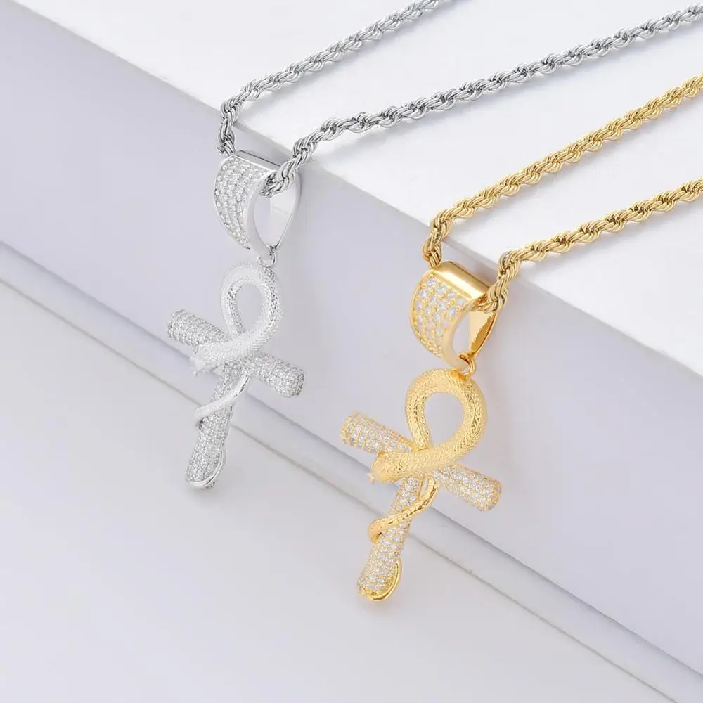 Men Hip hop iced out Egypt Ankh cross with snake pendant necklaces AAA Zircon male fashion pendants necklace Hiphop jewelry