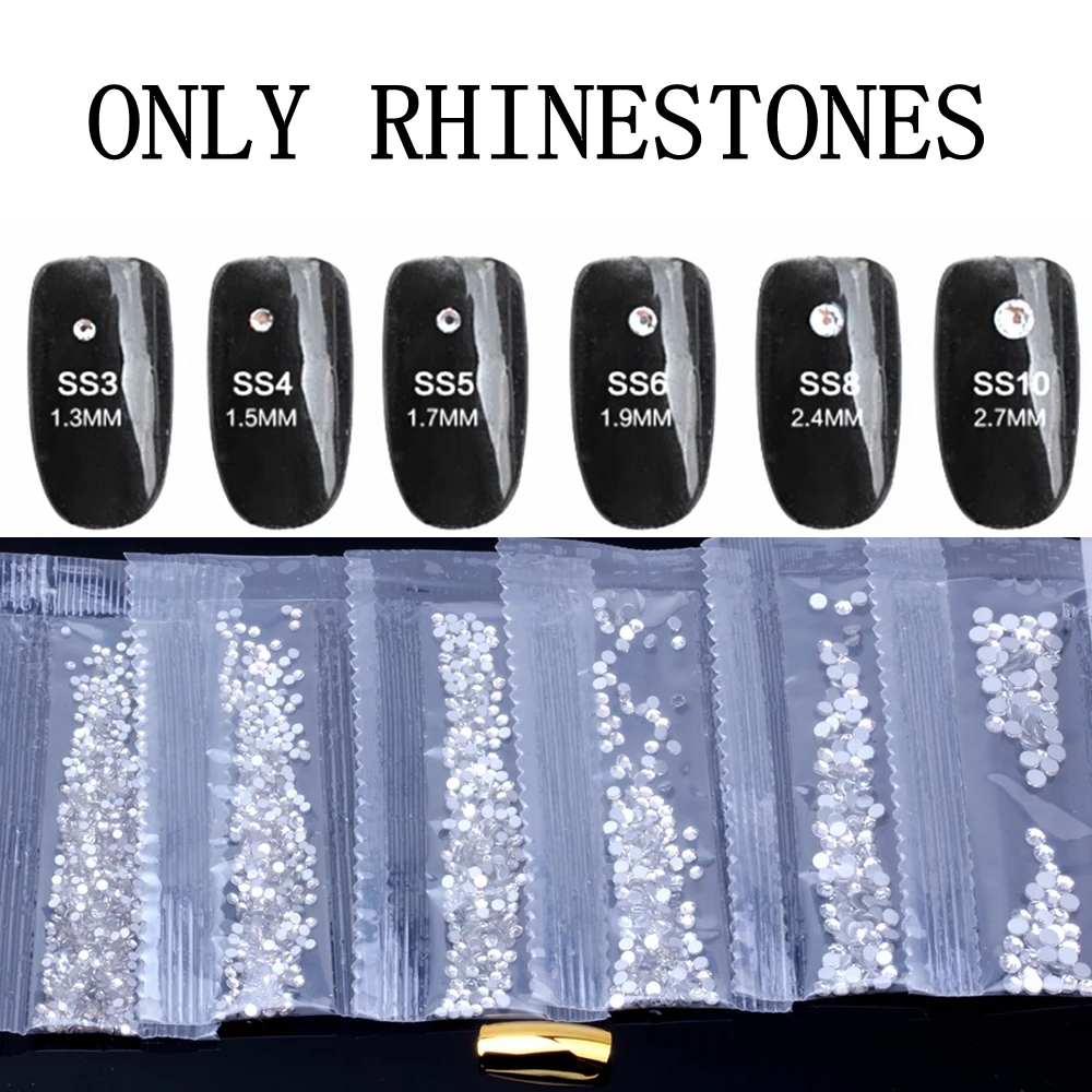 Стразы для ногтей, 6 г, 1500 шт., SS3-SS10, хрустальные стразы, AB, плоская задняя сторона, Стразы для ногтей, 3D, не исправление, для украшения ногтей, инструмент для самостоятельного изготовления - Цвет: Clear Stone Only