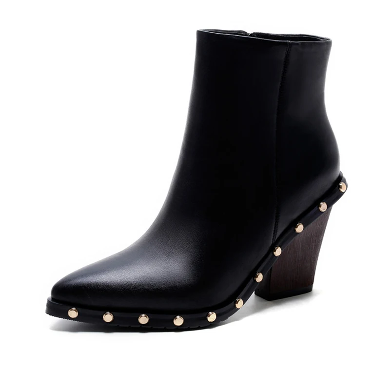 

Luxury Brand Genuine Leather Women Martin Ankle Boots Rivet Pointed Toe Square Heel With Super Height Women Boots