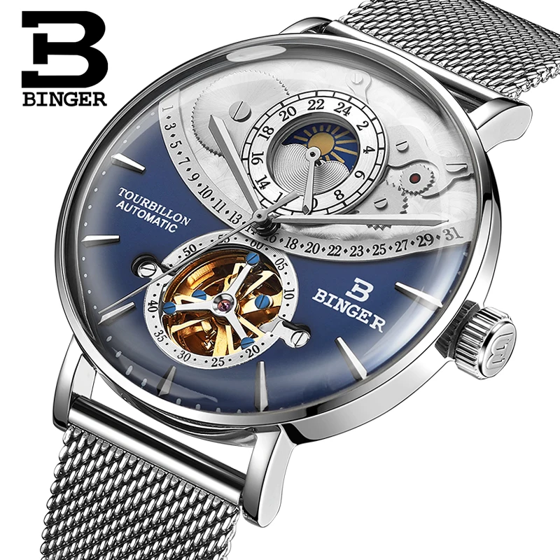 Часы-Скелетон BINGER, Высококлассные швейцарские автоматические часы для мужчин, фаза Луны, 24 часа, полностью стальные турбийон, механические часы