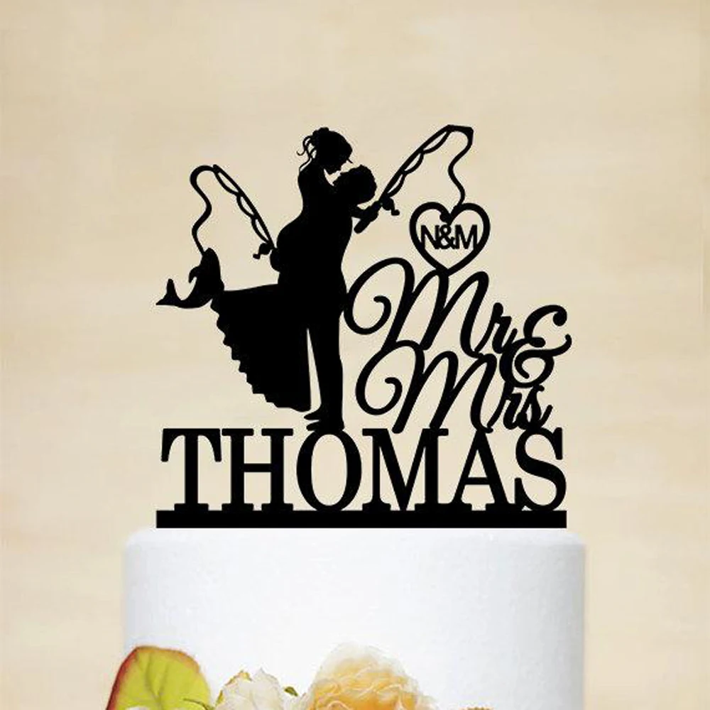 Personalized Wedding Cake Topper, Fishing cake topper with Mr & Mrs ,Bride and Groom Wedding cake topper silhouette Decoration