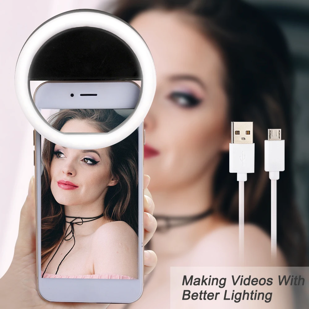 Новое поступление USB зарядка селфи портативная вспышка Led камера телефон фотография кольцо светильник для улучшения фотографии для смартфонов - Цвет: black 8.6x2.7cm