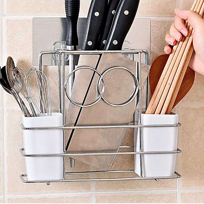 Stainless steel knife rack high quality 2 white chopstick cages fork shelves spoon holder reinforced kitchen supplies organizer