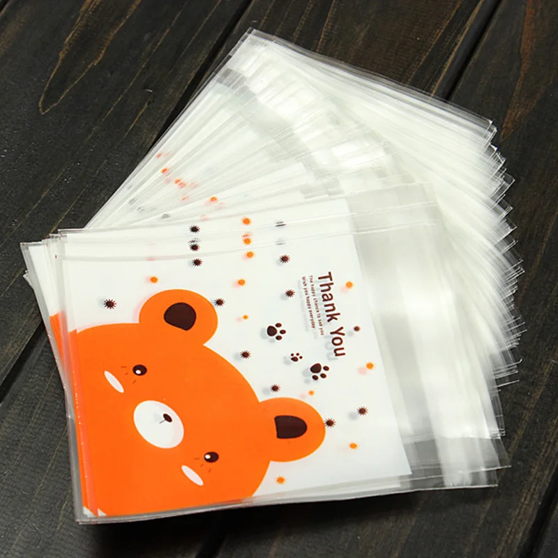 100pcs/lot Mini Bear Print Self-adhesive Plastic Candy Cake Cookies Bags Christmas gifts stationery Bags  Food Packaging Bags