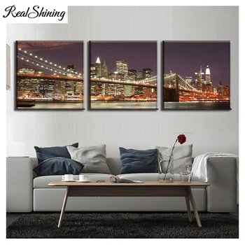 

diy 5d 3pcs full embroidery Night Brooklyn Bridge Landscape diamond painting square round drill paint with diamonds FS4496