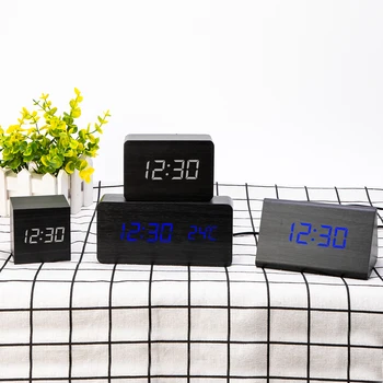 

Cube Wooden Clock Digital LED Desk Table Alarm Clock Thermometer Sounds Control LED display Calender BestSelling2018Products!!