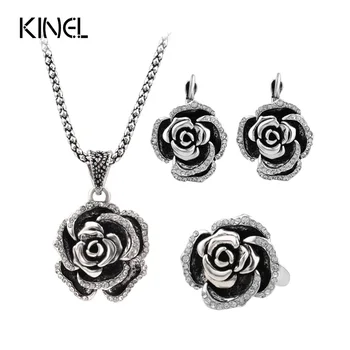 

Luxury Vintage Women's Wedding Jewelry Sets Silver Color Turkey Crystal Roses Ring Earring And Pendant Necklace For Women
