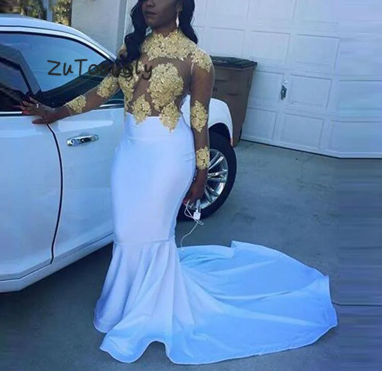 Африканские вечерние платья русалки с золотой аппликацией белое платье высоким