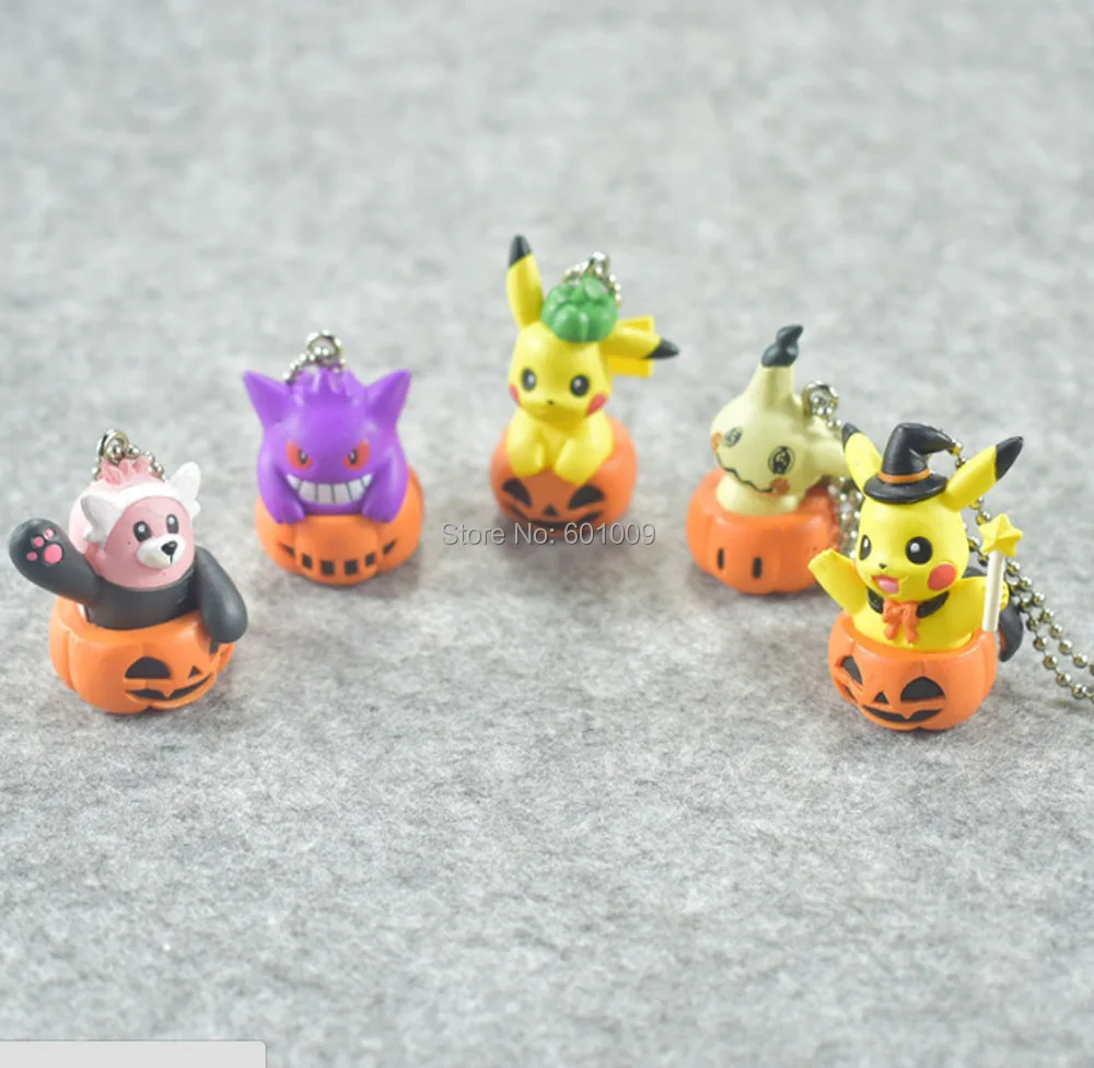

10/Lot 5 pcs/set Gengar Mimikyu Pikchu Bewear Halloween Pumpkin Mini Keychains Action Figures Retail
