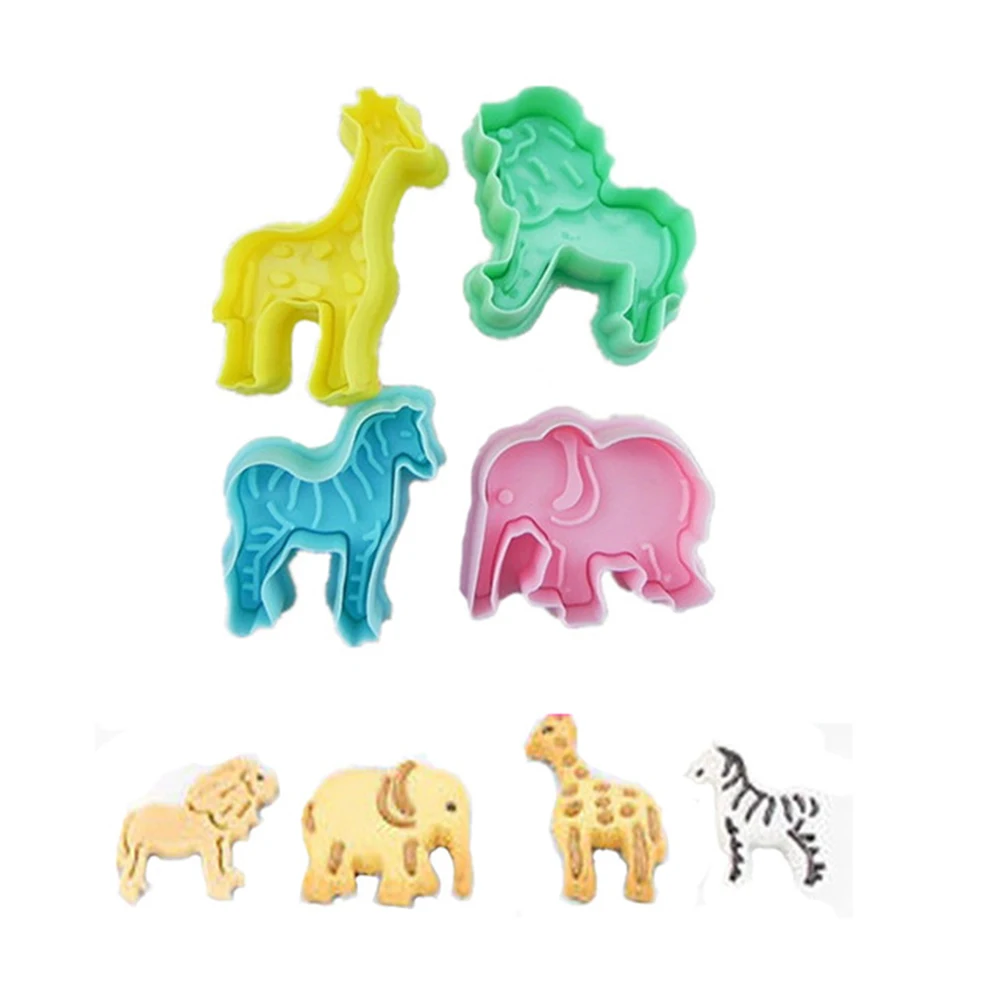 

4 pcs / set Leo Giraffe Zebra Elephant Animal Fondant Cake Mold Cookies Plunger for Cookies Culinary Cutters Cake Decor Tools