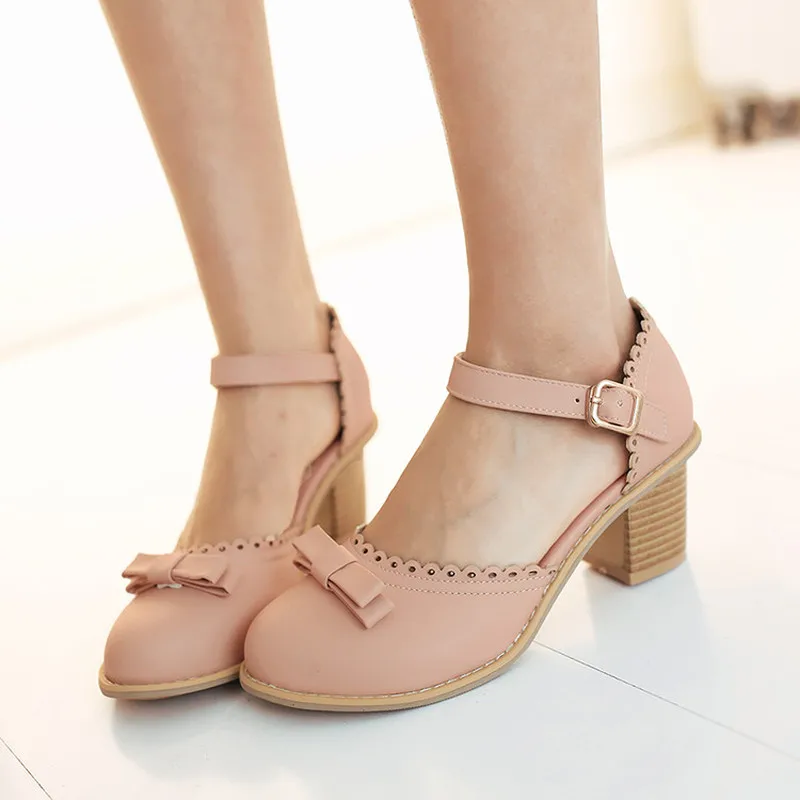 

US4-11 Womens Trend Cute Bowtie Lolita Mary Janes Chunky Kitten Heel Ankle Buckle Oxfords Wedding Shoes Sweet Plus Size A1027