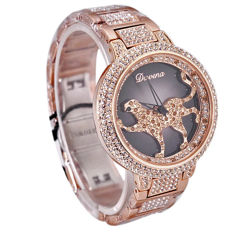 Women's Luxury Bling Rhinestone Full Steel Leopard Watches Women Fashion Trendy Quartz Watch Waterproof Rose Gold Silver Clock