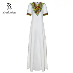 Shenbolen Африканский платья для женщин для Дашики печати белое платье-макси вязание шить воск платье с короткими рукавами